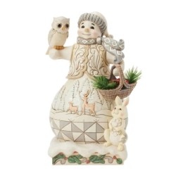 Winter's Gentle Gatherings White Woodland Snowman with Basket of Evergreen Sprigs Heartwood Creek