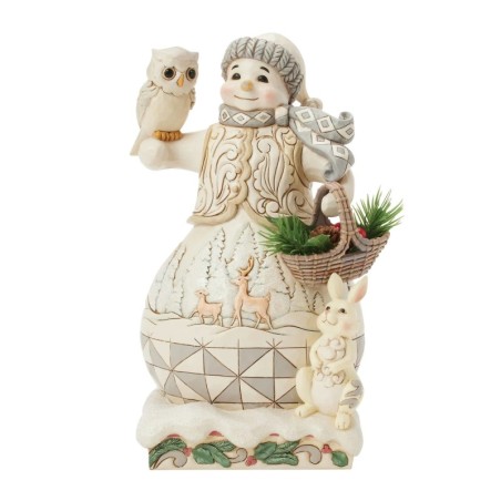 Winter's Gentle Gatherings White Woodland Snowman with Basket of Evergreen Sprigs Heartwood Creek
